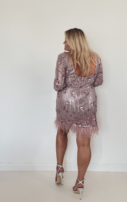 OLIVIA Mini cekinowa sukienka wykończona piórami, różowo-srebrna